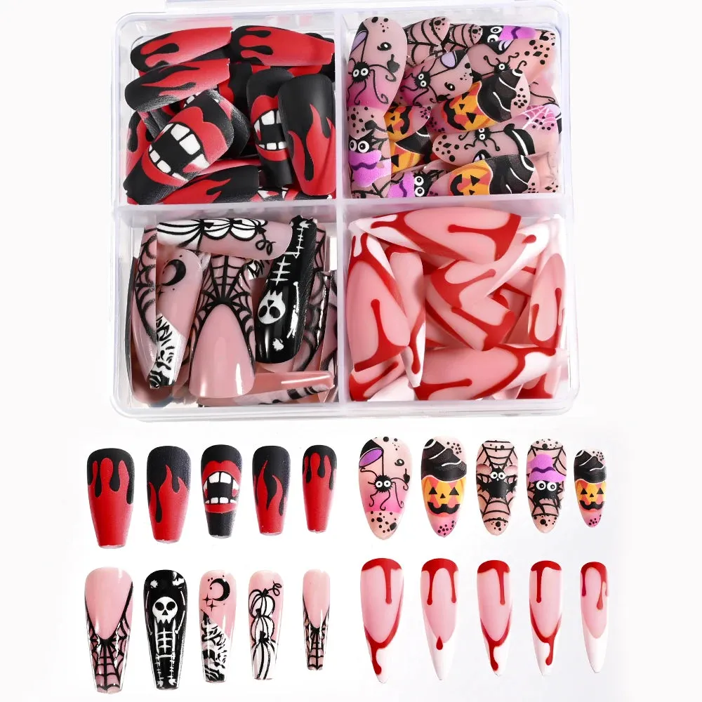 96Pcs Halloween Horror Press-On Nails – Flame Design Medium Coffin Matte Red Full Cover Acrylic Fake Nail Tips
