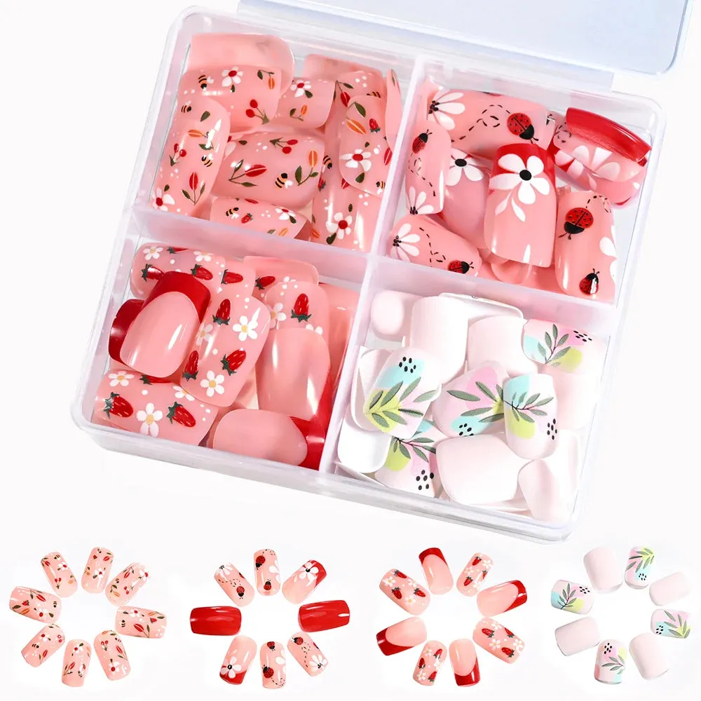 96Pcs Halloween Horror Press-On Nails – Flame Design Medium Coffin Matte Red Full Cover Acrylic Fake Nail Tips