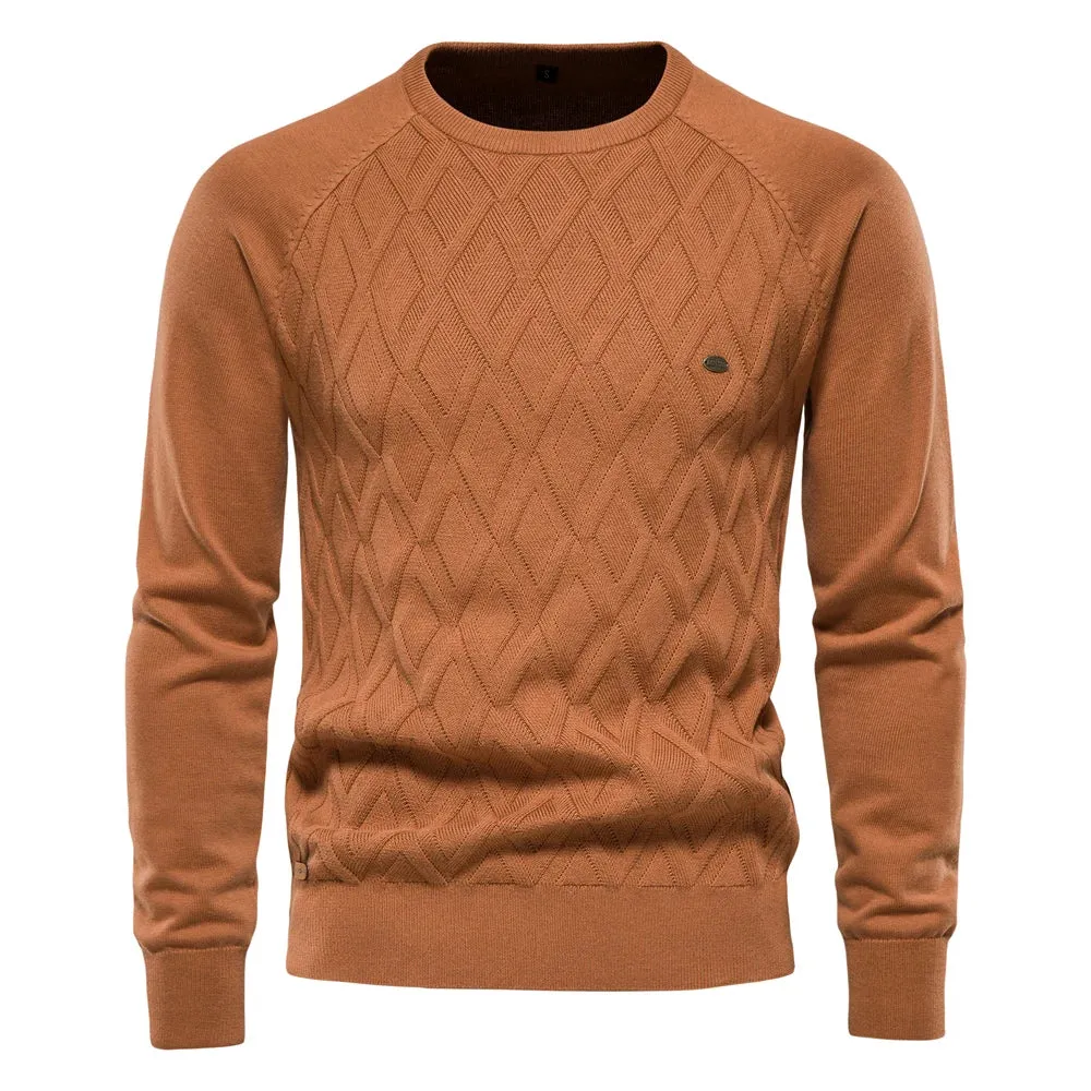 AIOPESON Men's Argyle Sweater – Solid Color, O-Neck, Long Sleeve Knitted Pullover, Warm Winter Fashion