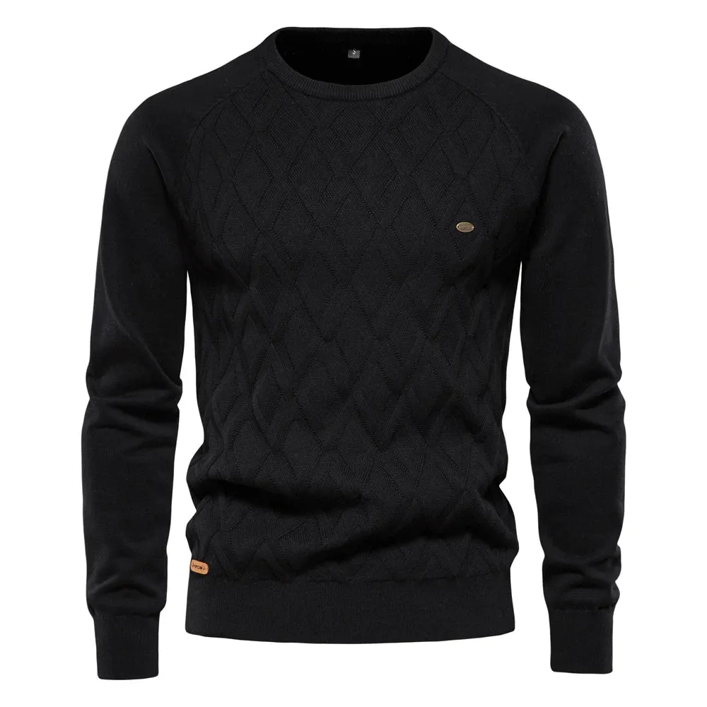 AIOPESON Men's Argyle Sweater – Solid Color, O-Neck, Long Sleeve Knitted Pullover, Warm Winter Fashion