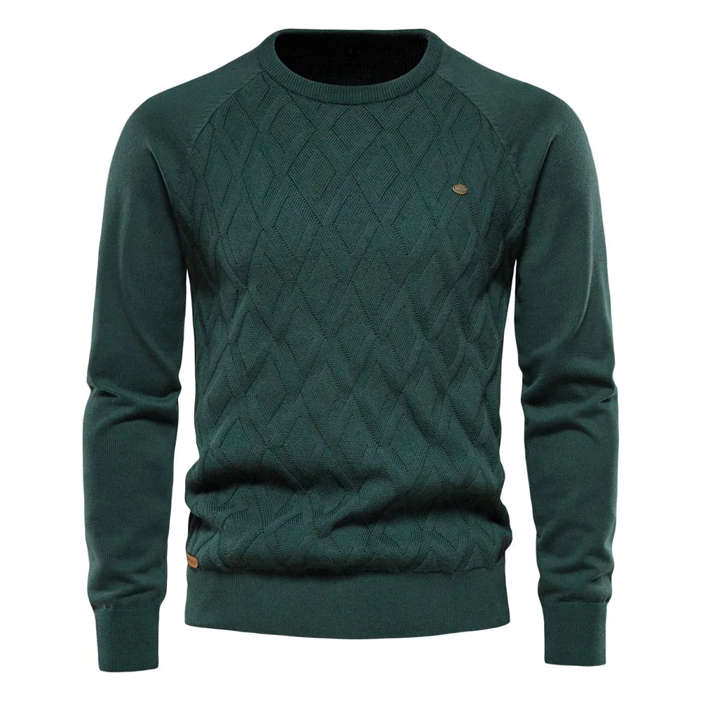 AIOPESON Men's Argyle Sweater – Solid Color, O-Neck, Long Sleeve Knitted Pullover, Warm Winter Fashion