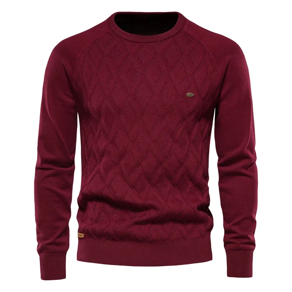 AIOPESON Men's Argyle Sweater – Solid Color, O-Neck, Long Sleeve Knitted Pullover, Warm Winter Fashion