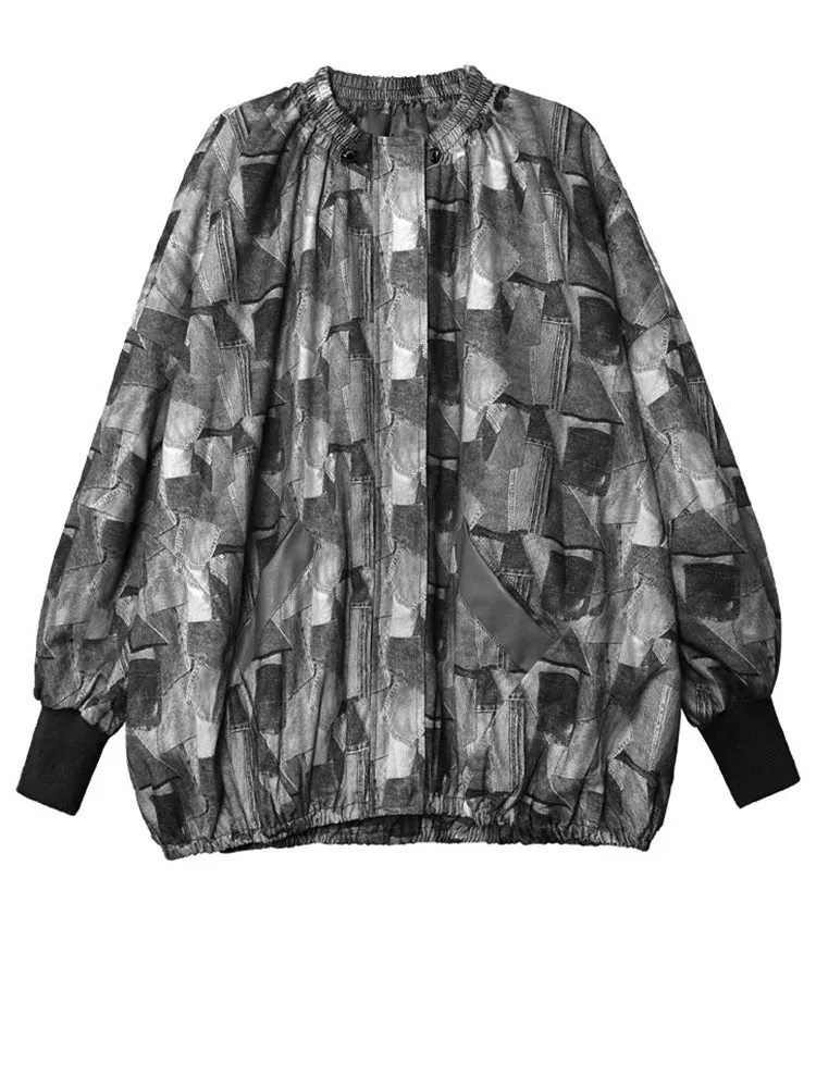 Bat sleeved denim jacket for women's black and white checkered collar trench coat