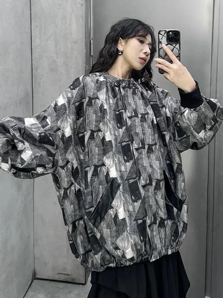 Bat sleeved denim jacket for women's black and white checkered collar trench coat