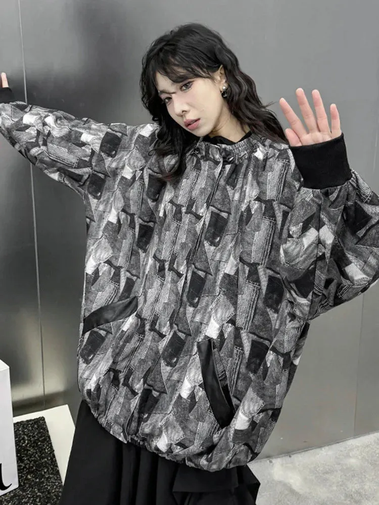 Bat sleeved denim jacket for women's black and white checkered collar trench coat