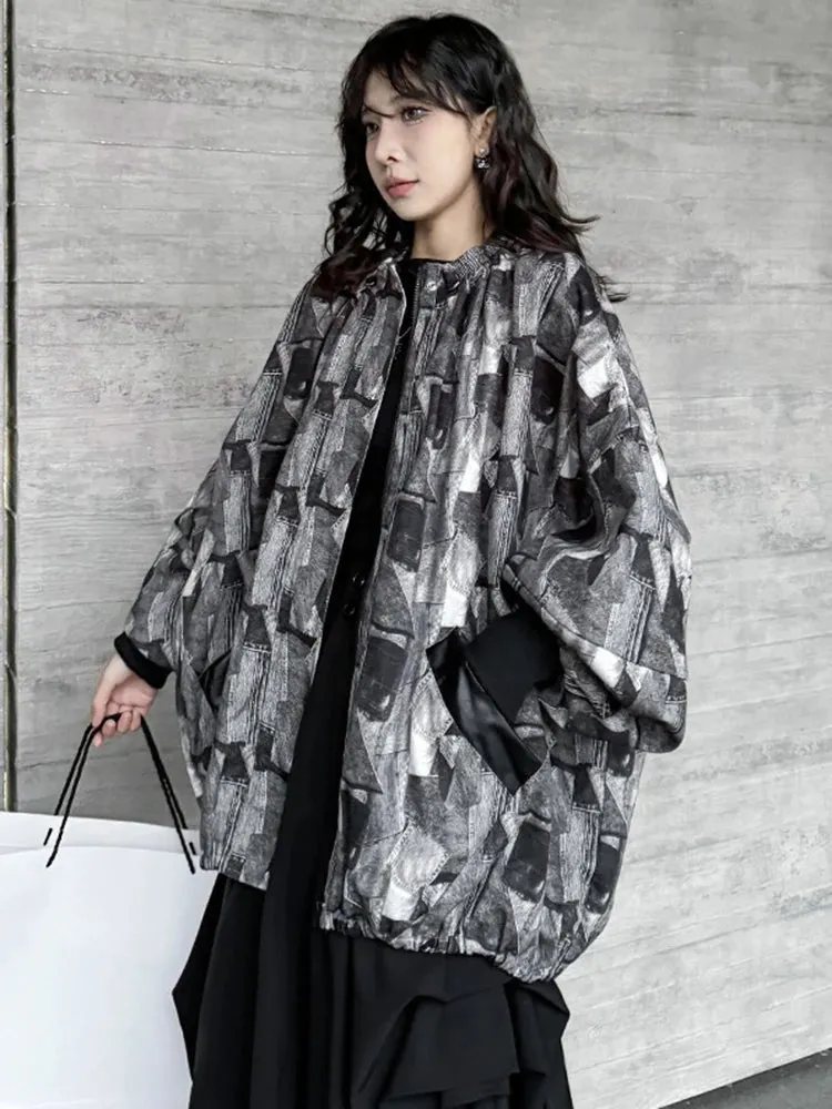 Bat sleeved denim jacket for women's black and white checkered collar trench coat