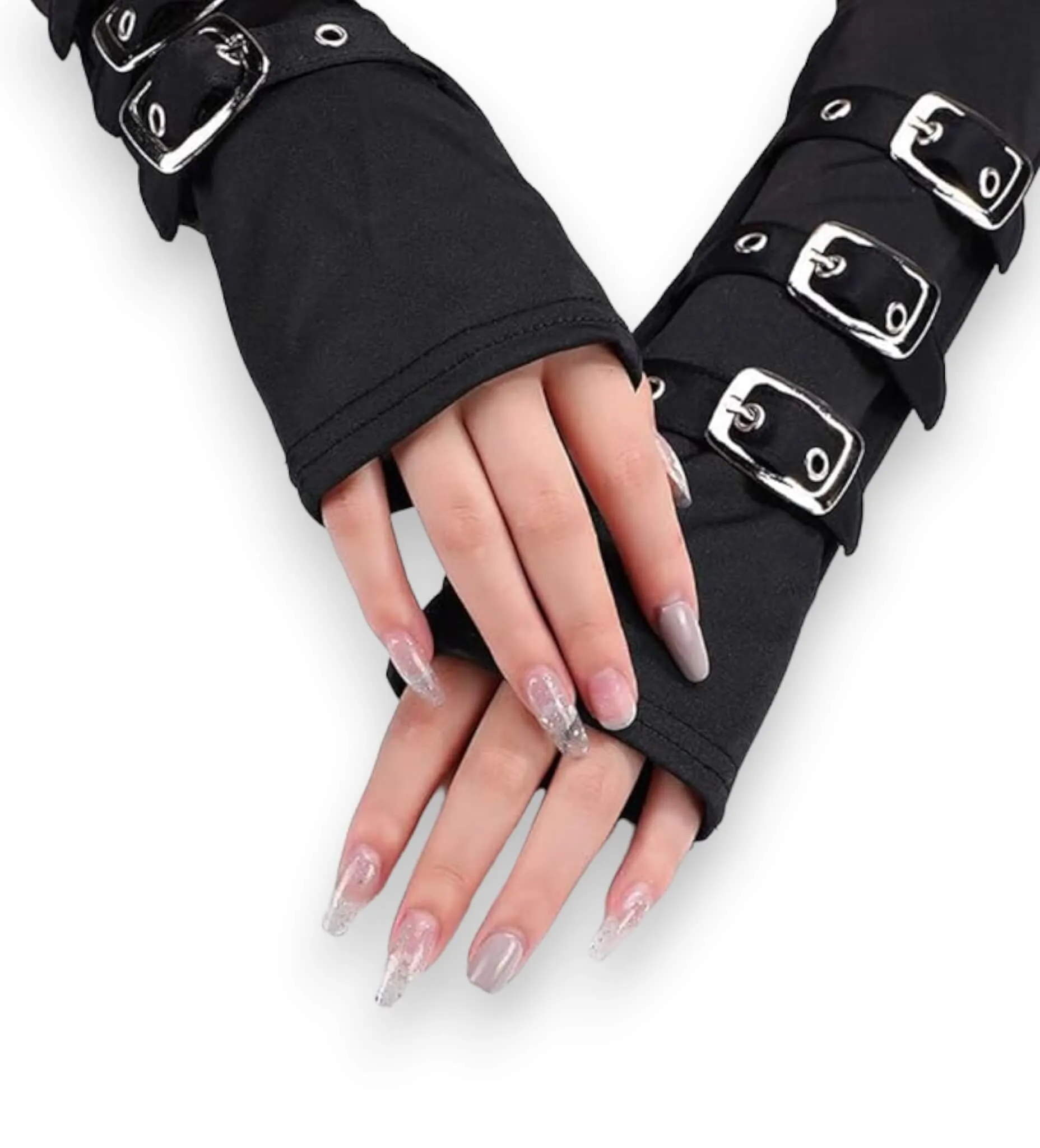Black Strap Buckled Arm Warmer Gloves