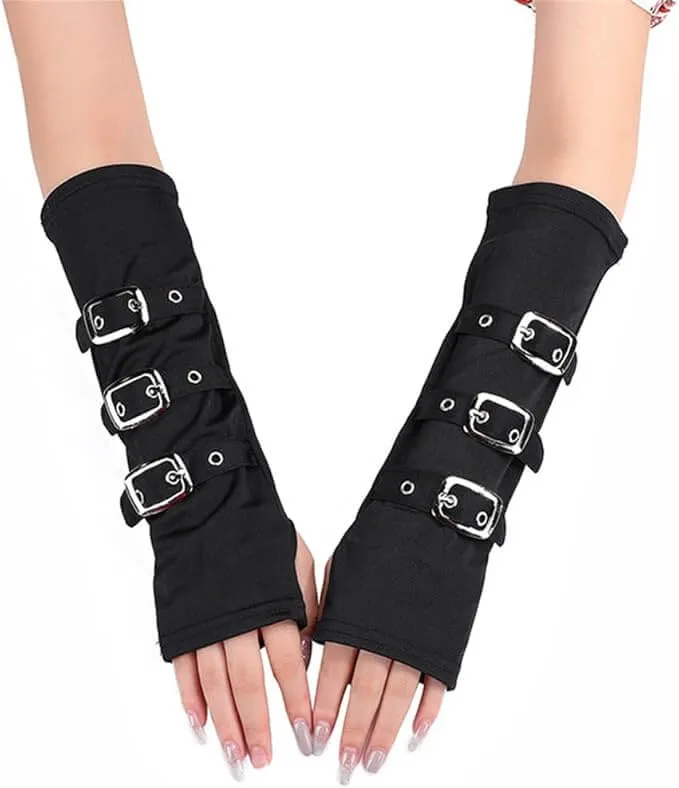 Black Strap Buckled Arm Warmer Gloves