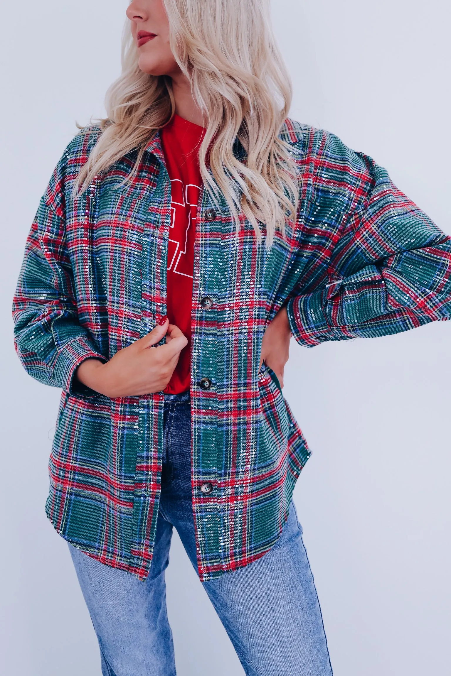 Charismatic Plaid Sequin Shacket - Green/Multi