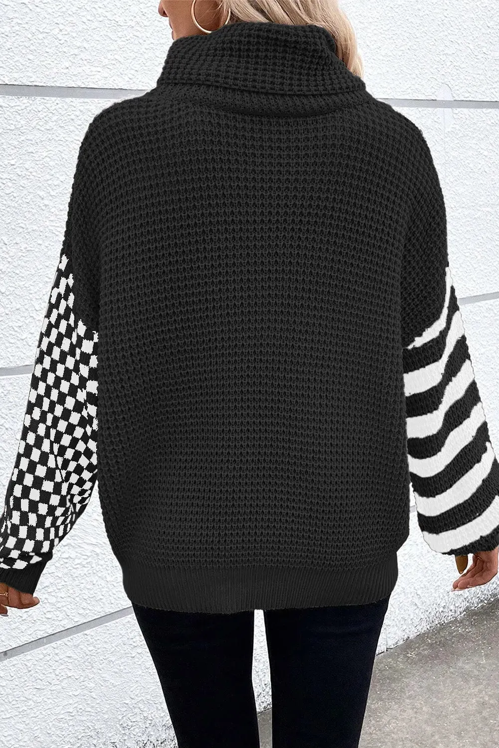 Checkered Striped Turtleneck Sweater