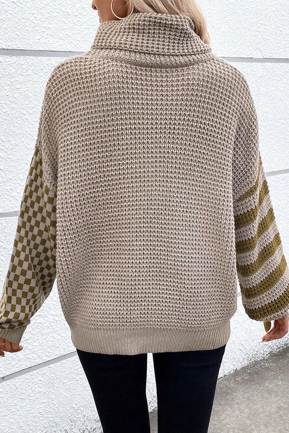 Checkered Striped Turtleneck Sweater