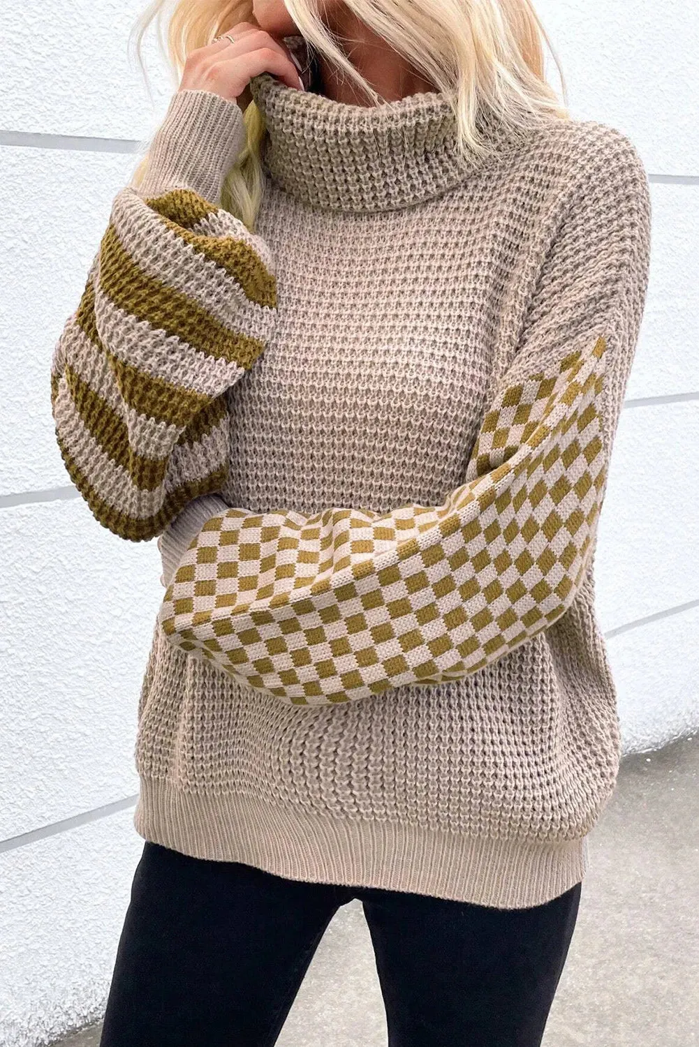 Checkered Striped Turtleneck Sweater