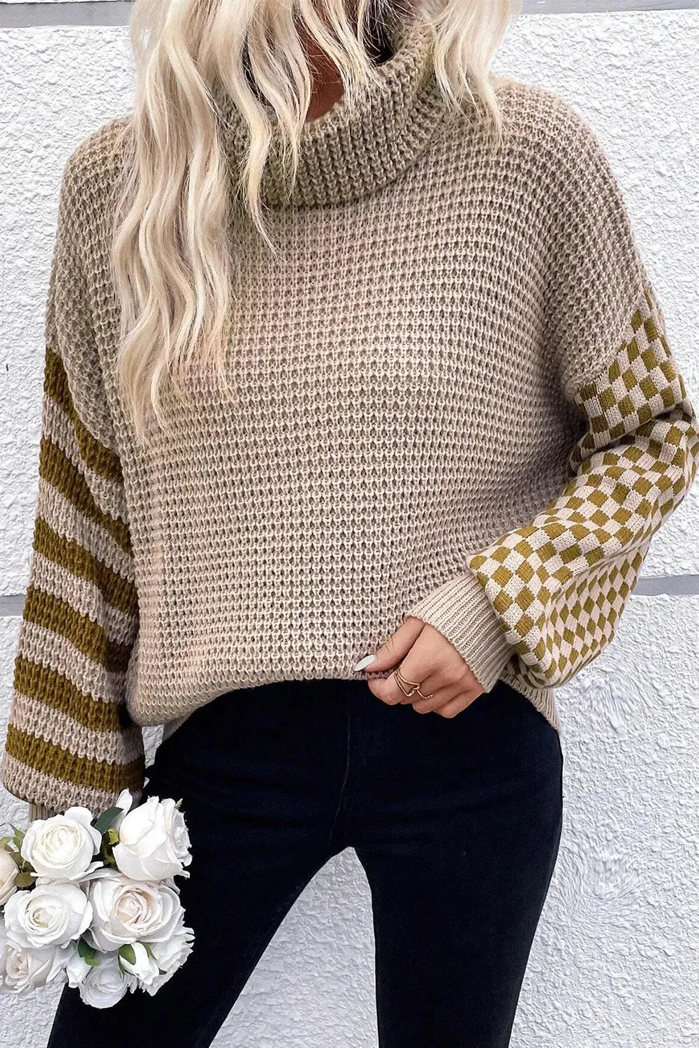 Checkered Striped Turtleneck Sweater