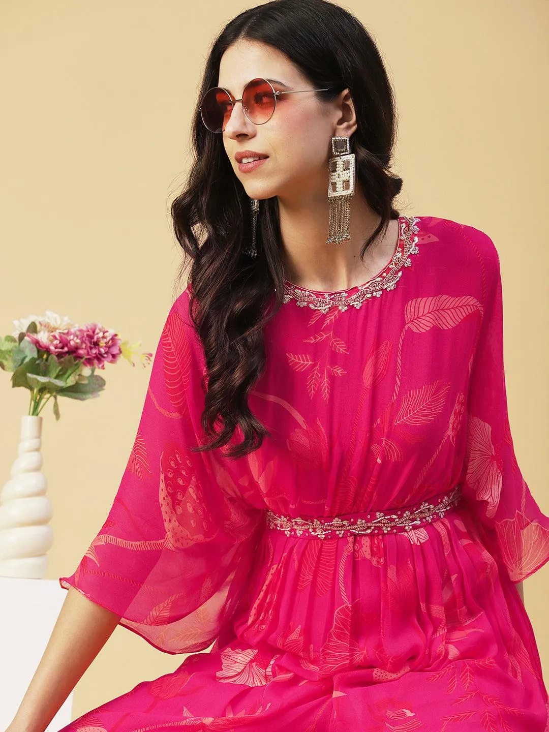 Floral Printed Gathered Jumpsuit With Embroidered Belt - Fuchsia