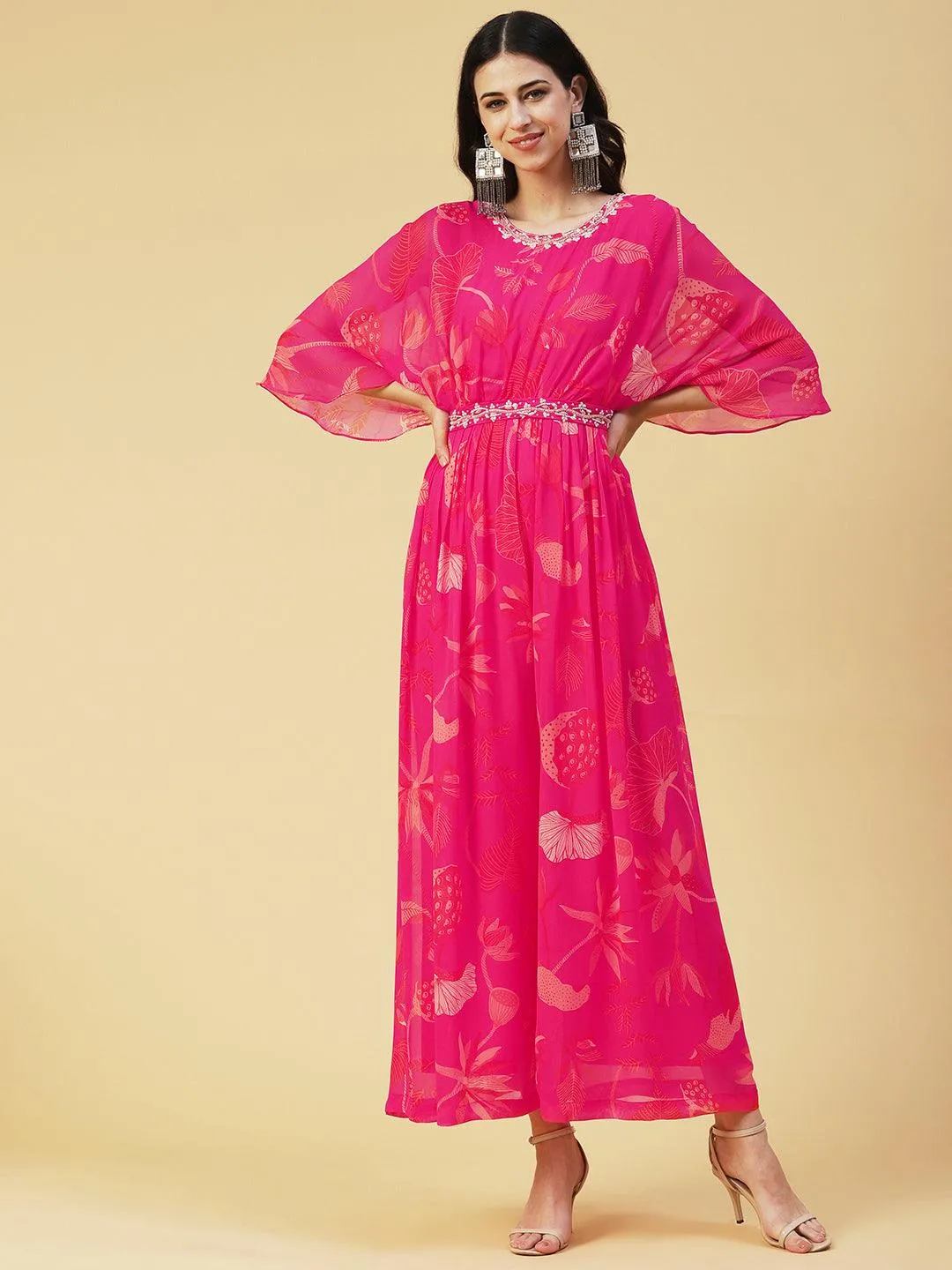 Floral Printed Gathered Jumpsuit With Embroidered Belt - Fuchsia