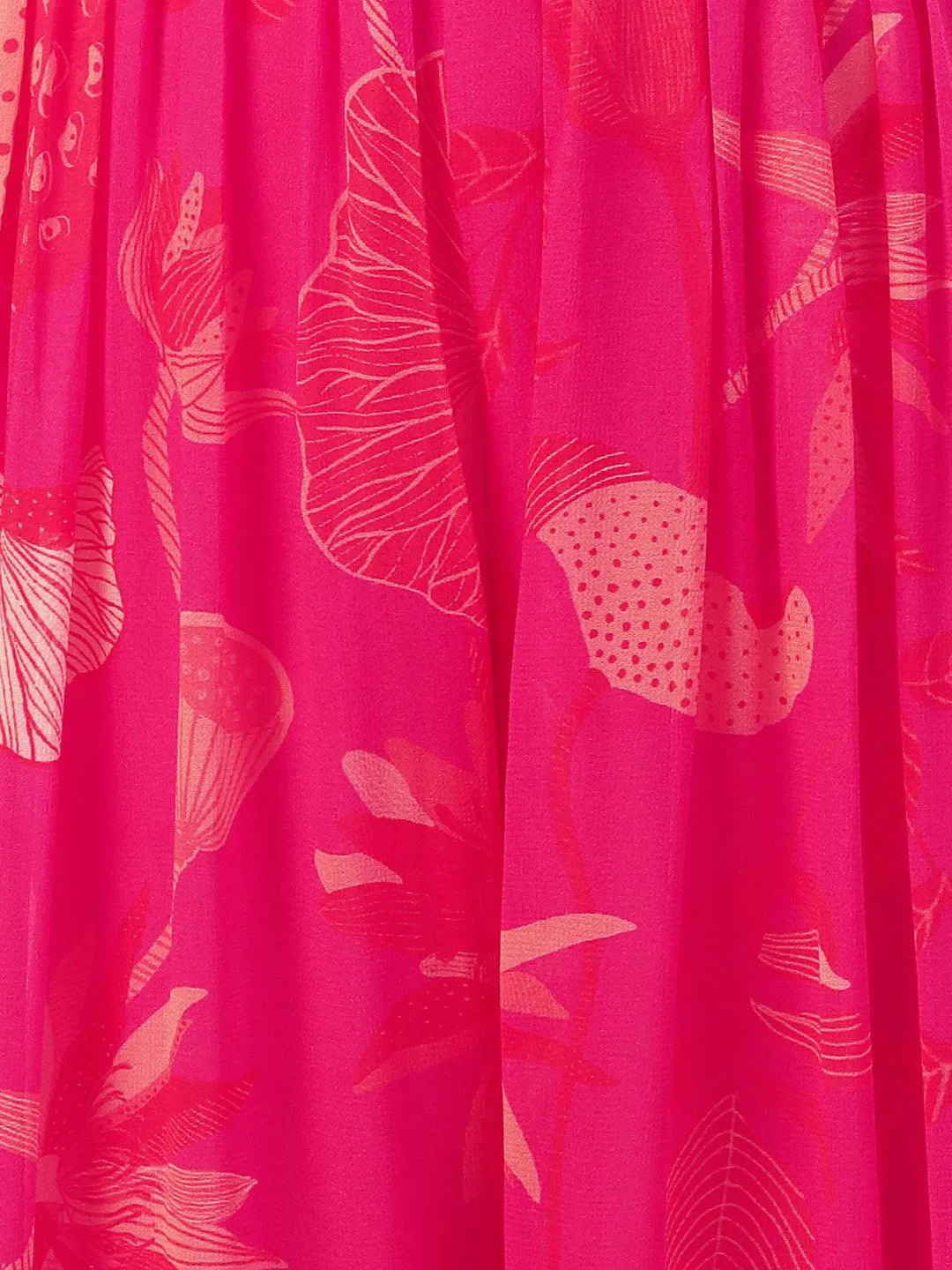Floral Printed Gathered Jumpsuit With Embroidered Belt - Fuchsia