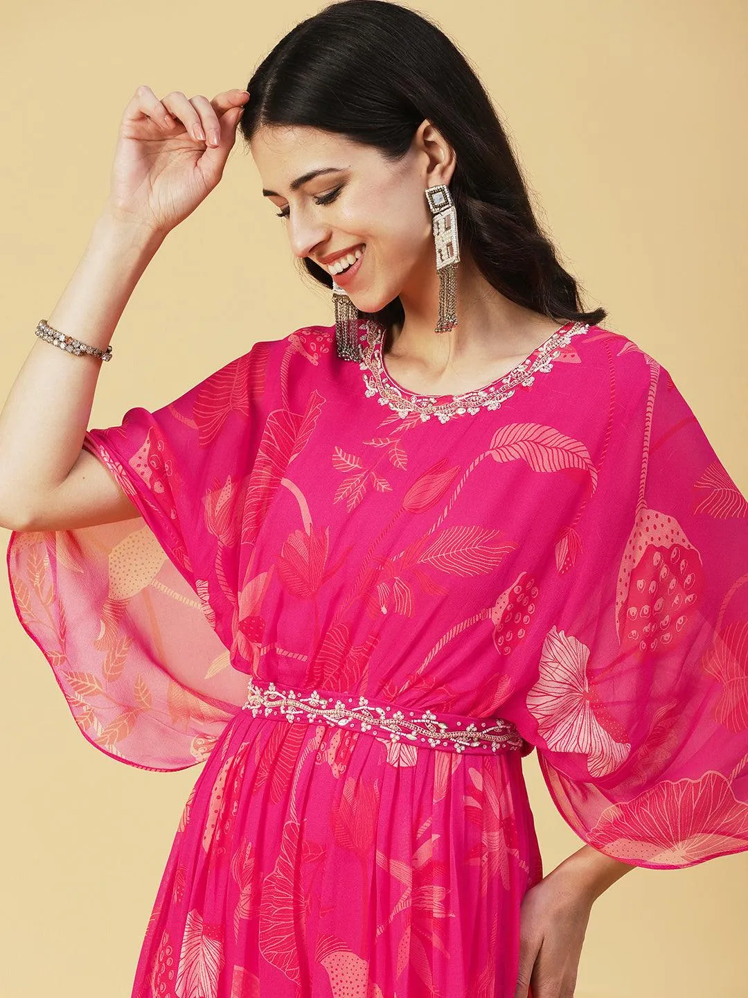 Floral Printed Gathered Jumpsuit With Embroidered Belt - Fuchsia