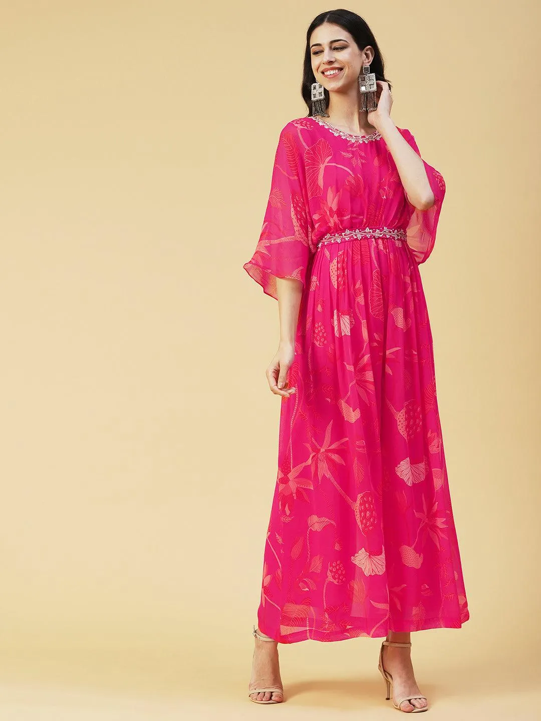Floral Printed Gathered Jumpsuit With Embroidered Belt - Fuchsia