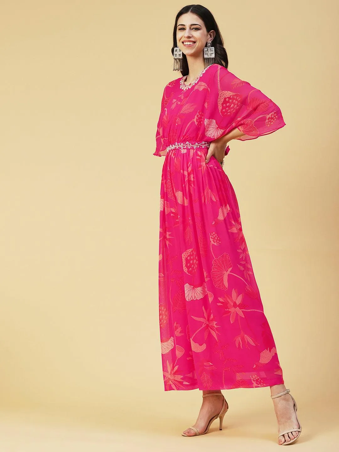 Floral Printed Gathered Jumpsuit With Embroidered Belt - Fuchsia