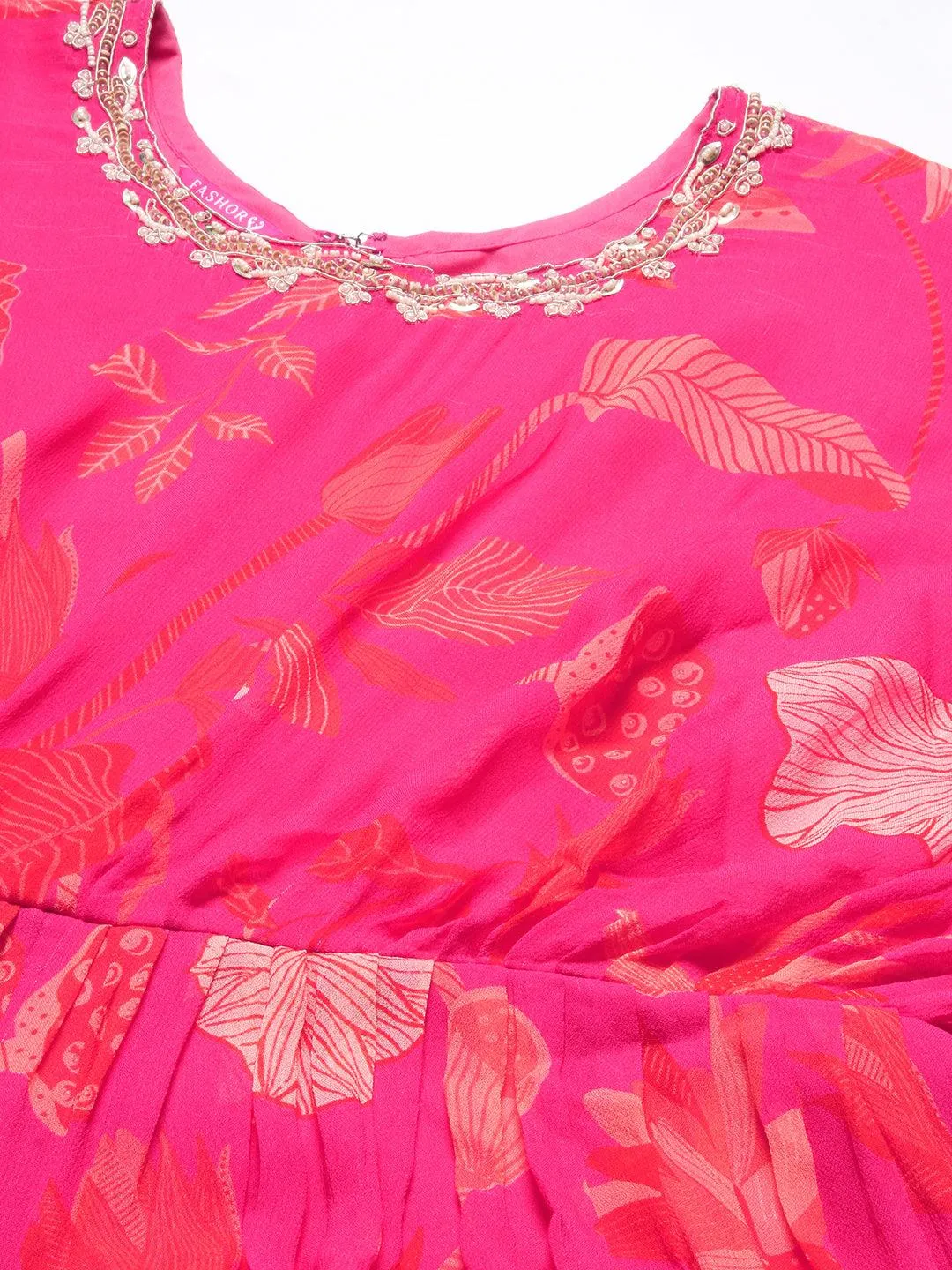 Floral Printed Gathered Jumpsuit With Embroidered Belt - Fuchsia