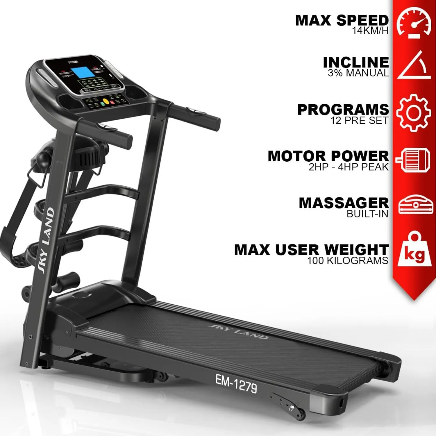 Home Use Treadmill EM-1279 Powerful Motor 4HP Peak with built-in massager