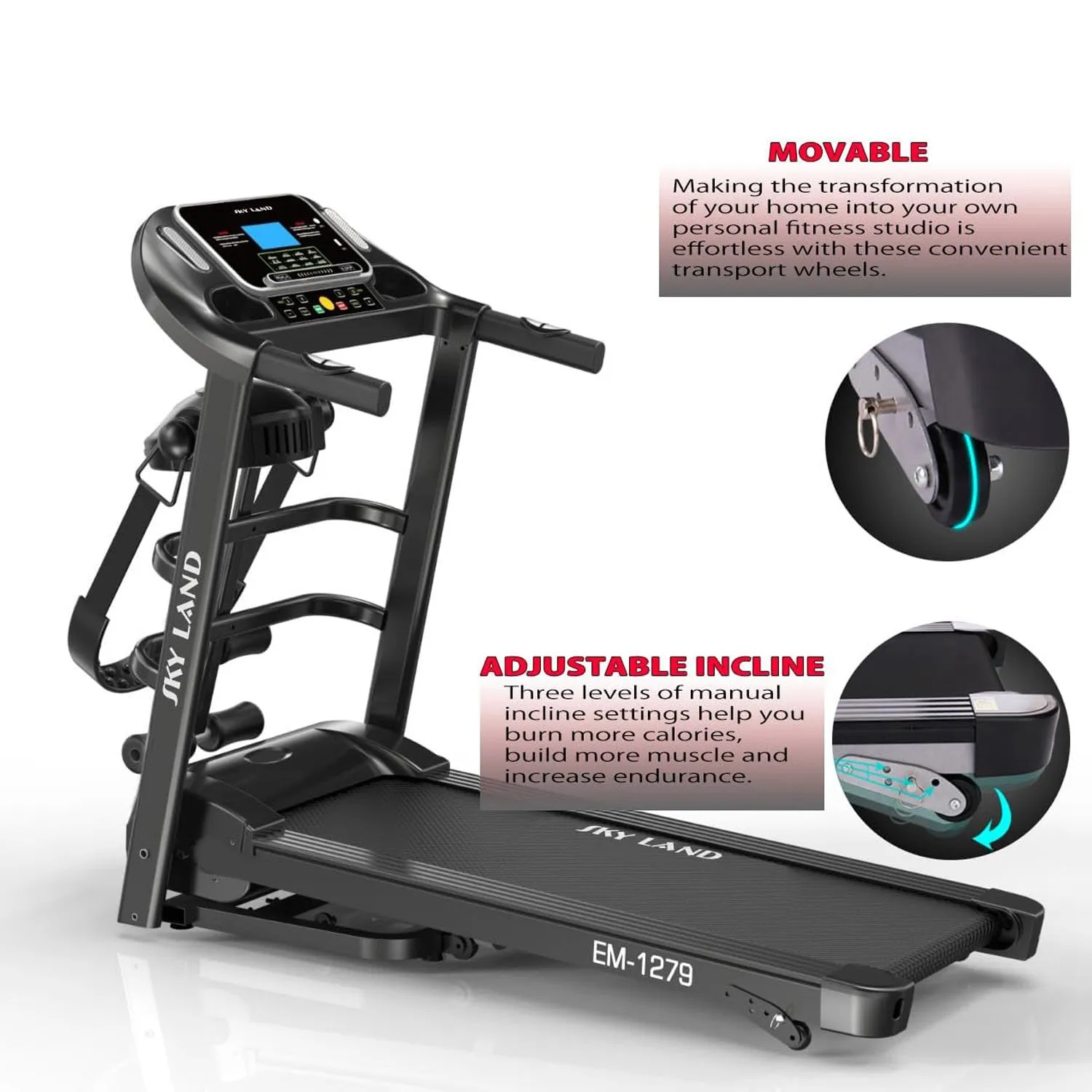 Home Use Treadmill EM-1279 Powerful Motor 4HP Peak with built-in massager