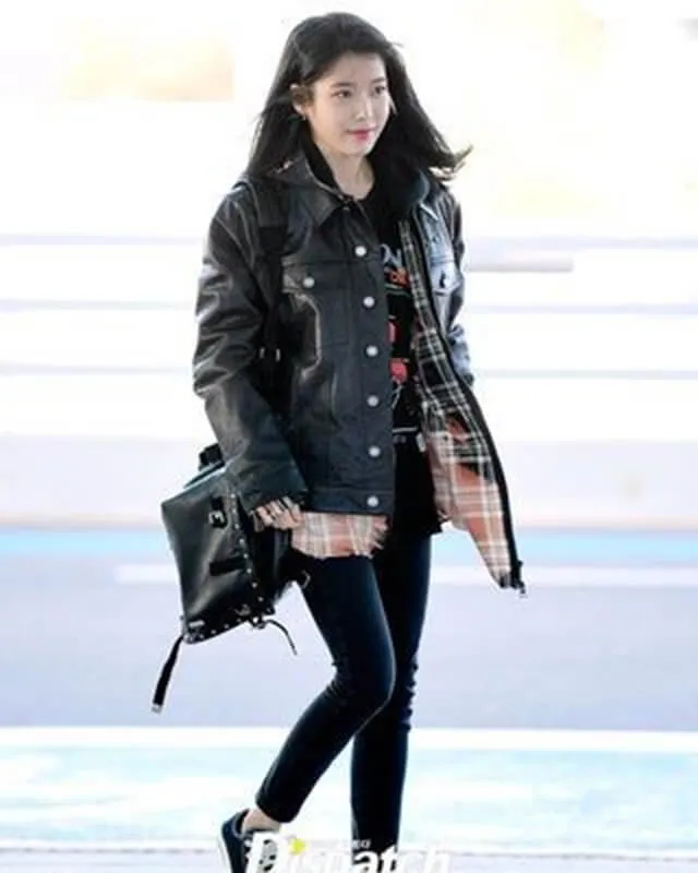 K-pop IU Black Oversized Trucker Leather Jacket with Plaid Shirt Layered Style