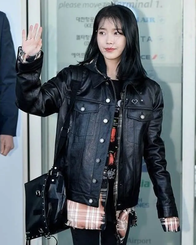 K-pop IU Black Oversized Trucker Leather Jacket with Plaid Shirt Layered Style