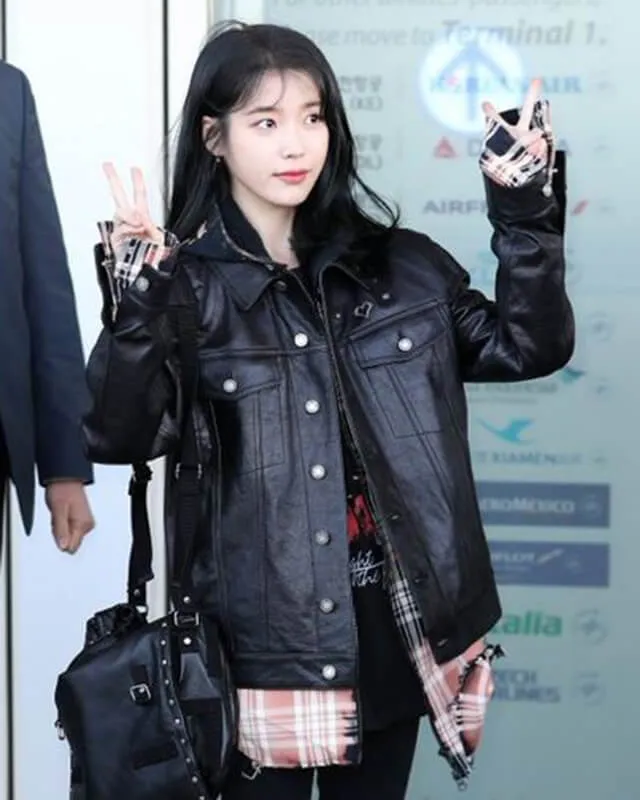 K-pop IU Black Oversized Trucker Leather Jacket with Plaid Shirt Layered Style