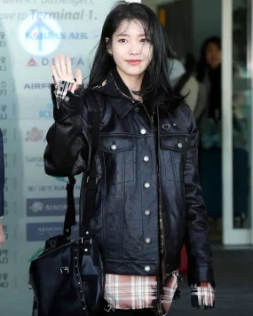 K-pop IU Black Oversized Trucker Leather Jacket with Plaid Shirt Layered Style