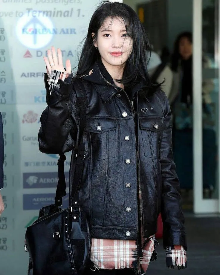 K-pop IU Black Oversized Trucker Leather Jacket with Plaid Shirt Layered Style
