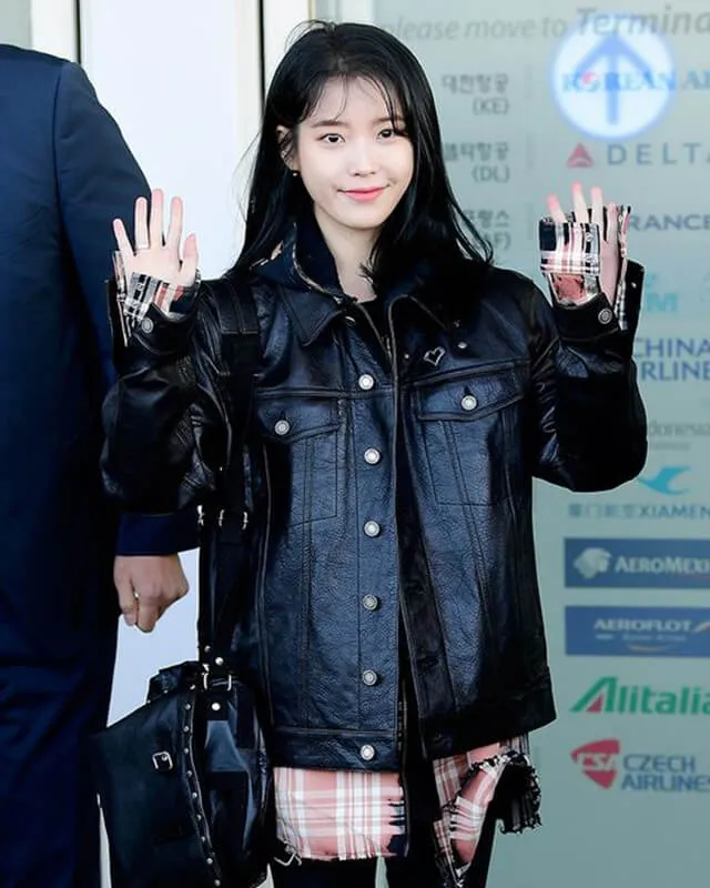 K-pop IU Black Oversized Trucker Leather Jacket with Plaid Shirt Layered Style