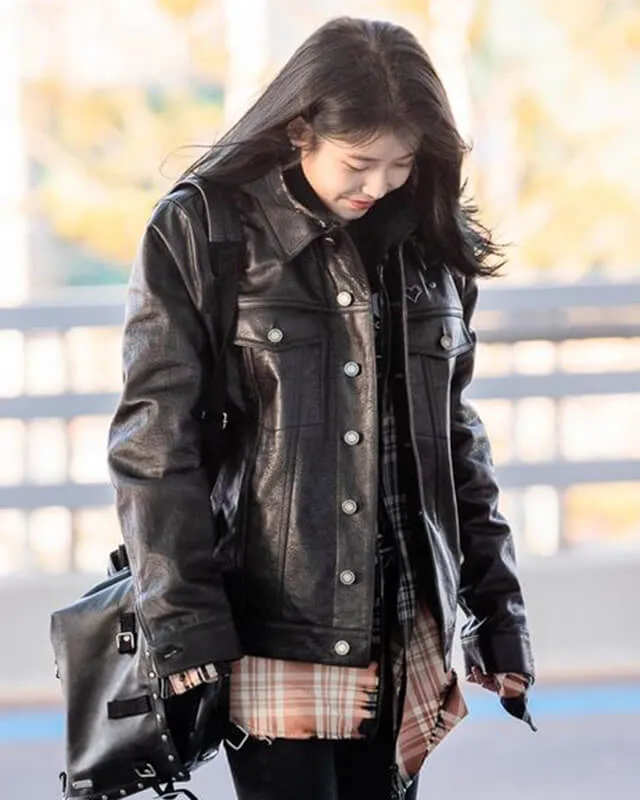 K-pop IU Black Oversized Trucker Leather Jacket with Plaid Shirt Layered Style