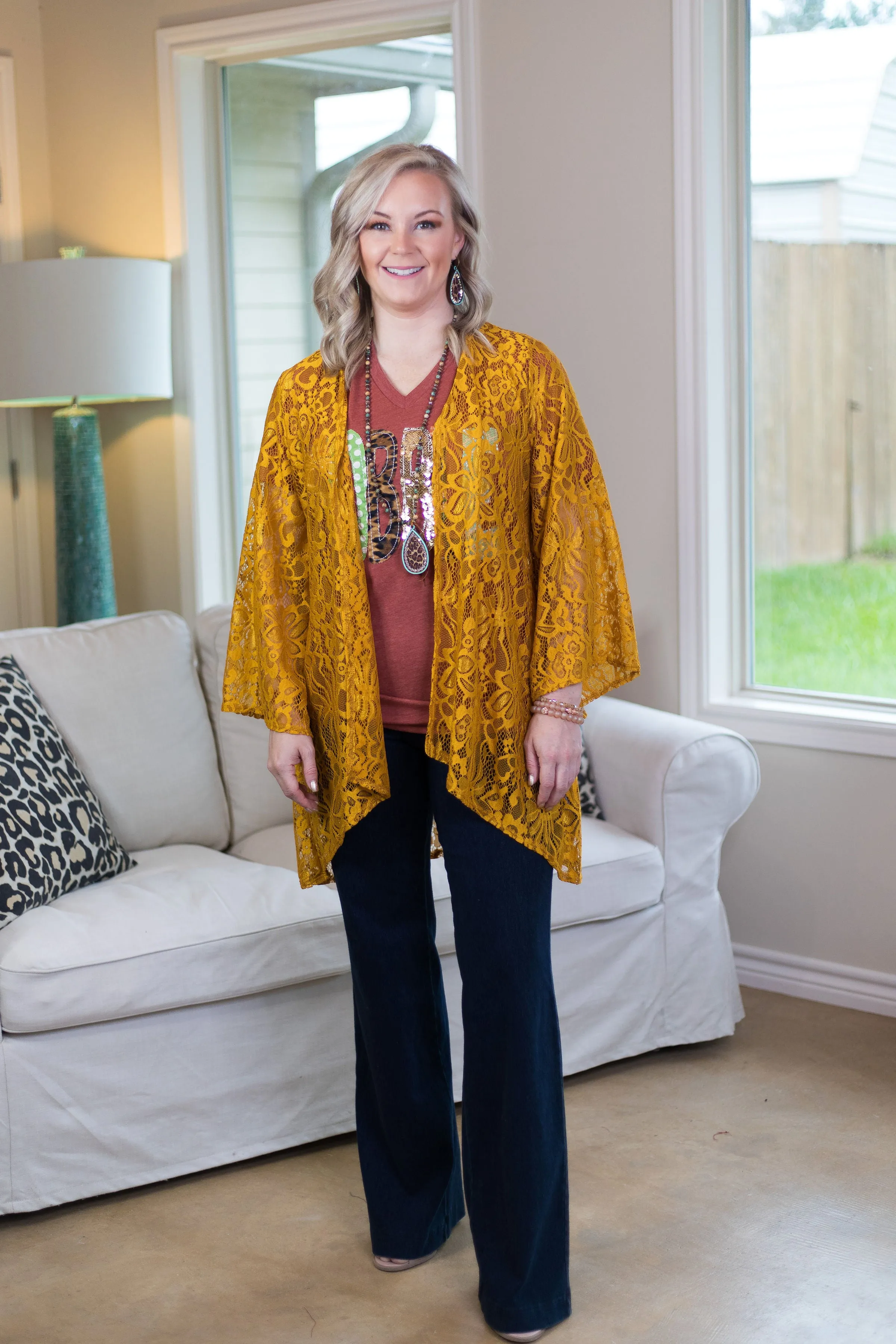 Last Chance Size Small | Only In Your Dreams Lace Kimono in Mustard Yellow