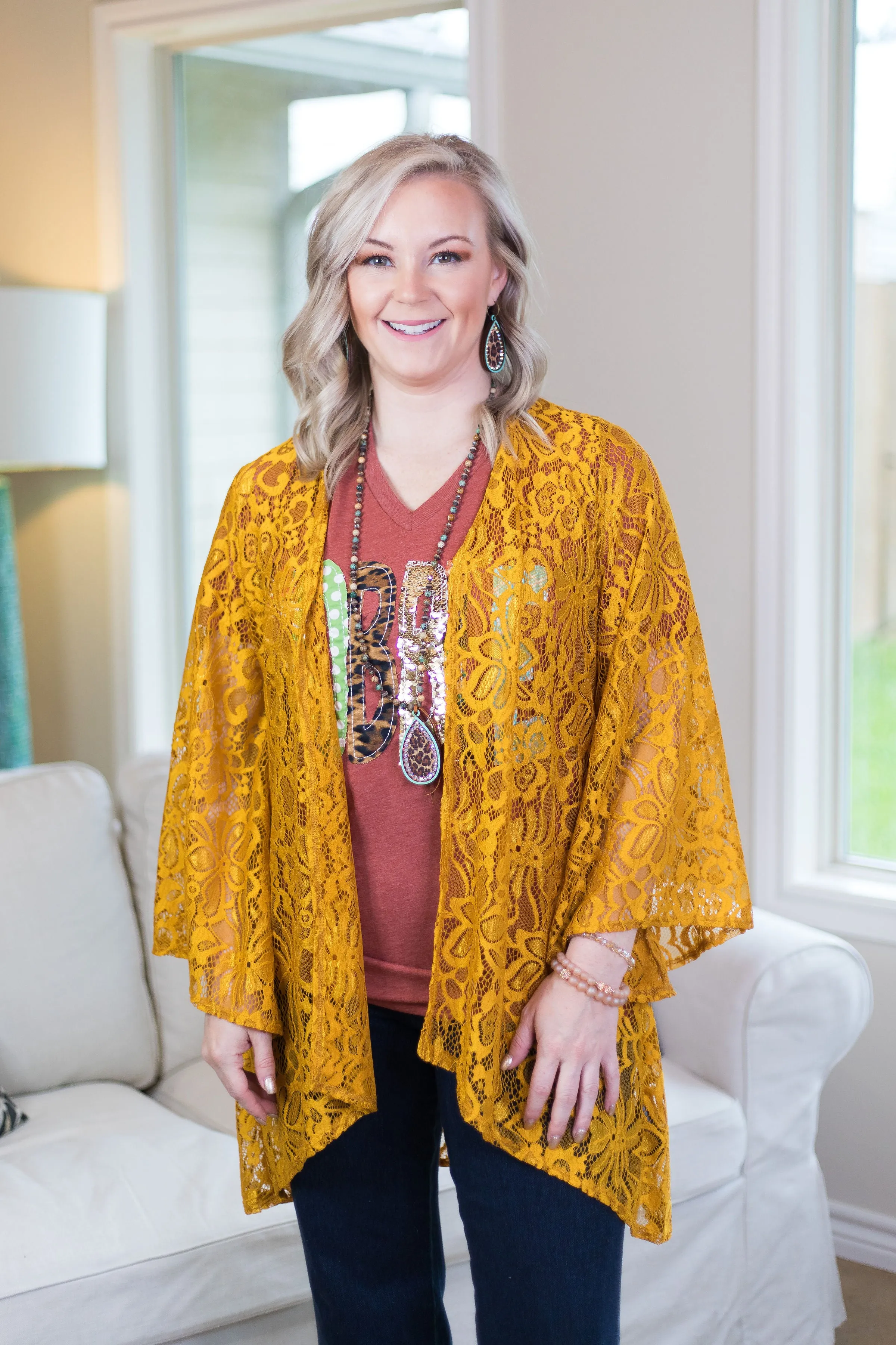 Last Chance Size Small | Only In Your Dreams Lace Kimono in Mustard Yellow