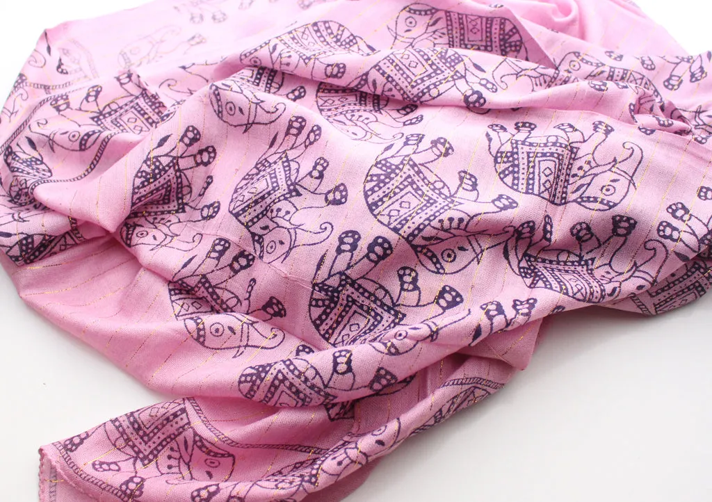 Light Pink Cotton Meditation Scarf with Elephant Print, Jari Shawl/Scarf