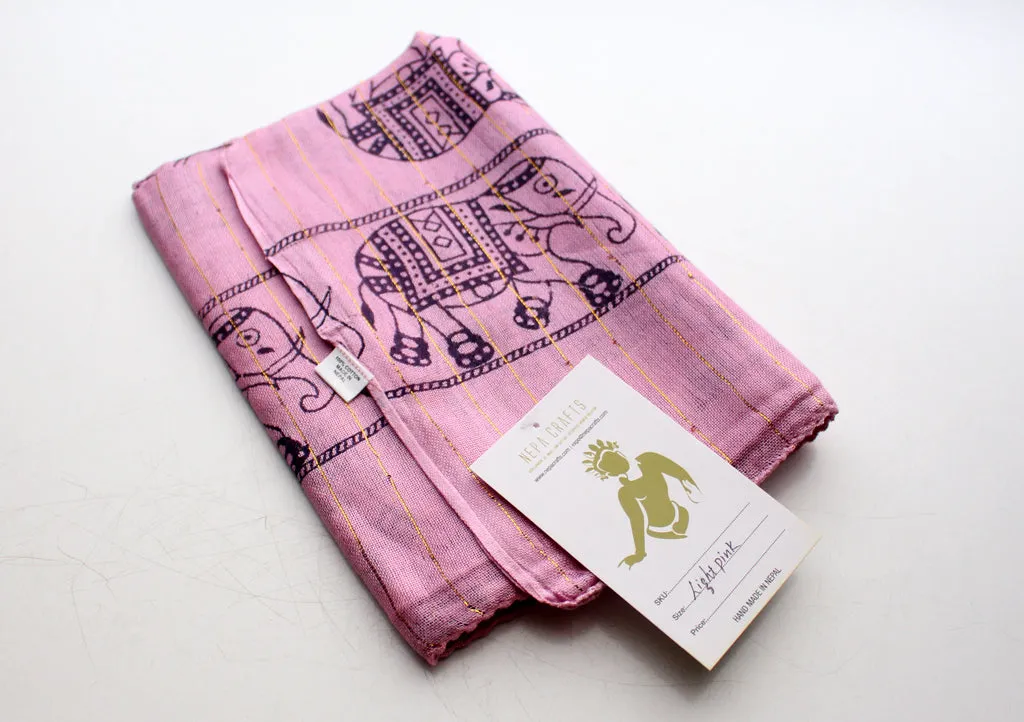 Light Pink Cotton Meditation Scarf with Elephant Print, Jari Shawl/Scarf