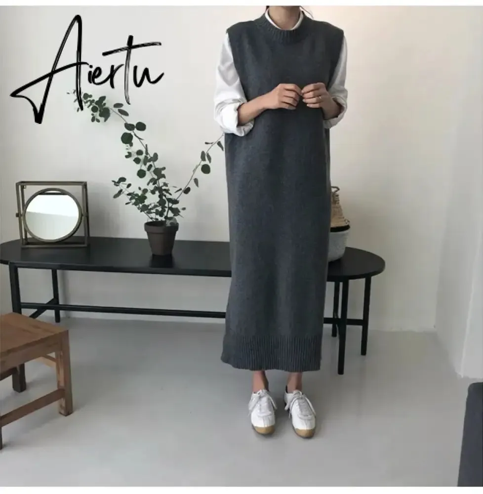 Long Knit Oversized Women Maxi Sweater Dress Warm Sweater Vest Loose Tunic Dress High Street Baggy Midi Pullover Dress