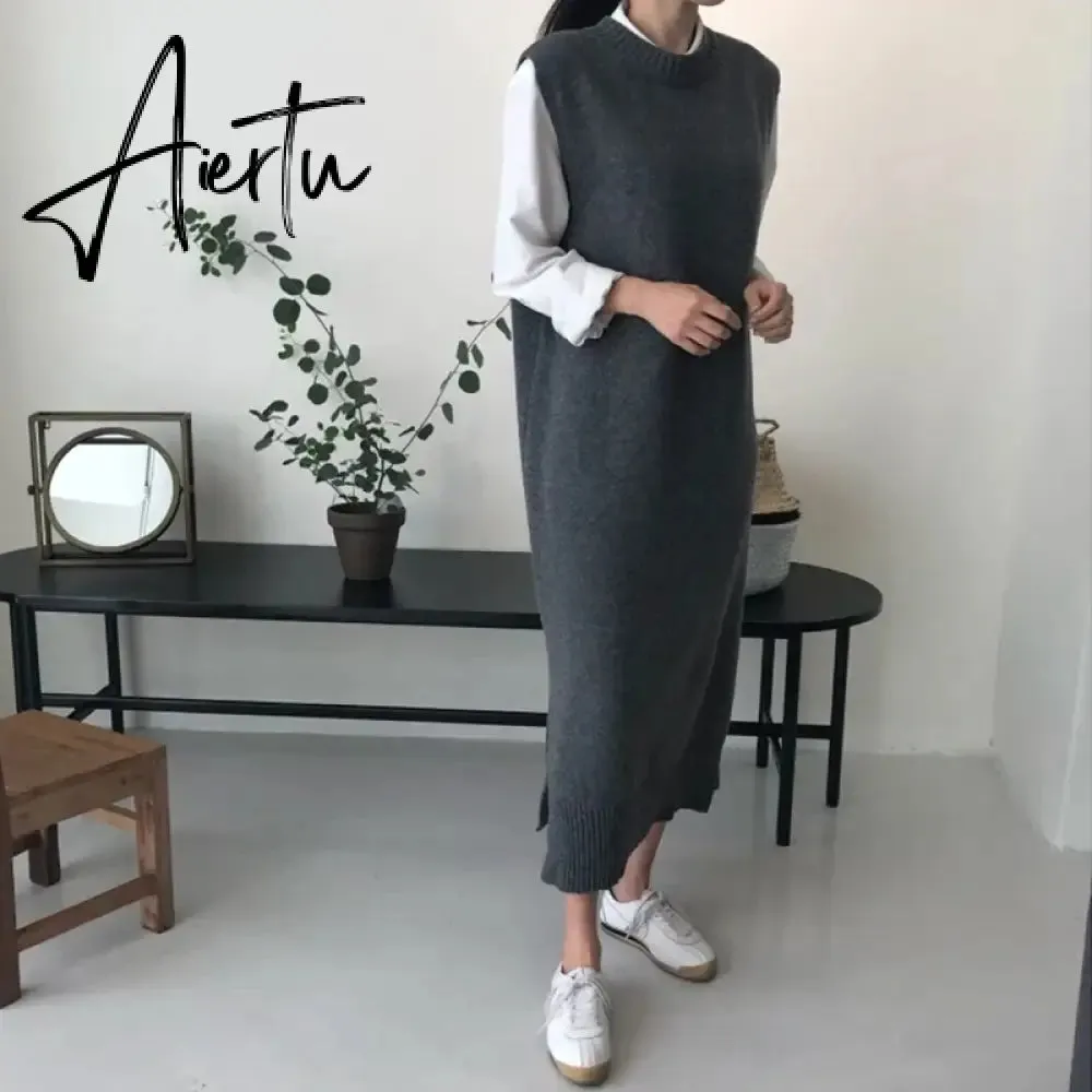Long Knit Oversized Women Maxi Sweater Dress Warm Sweater Vest Loose Tunic Dress High Street Baggy Midi Pullover Dress