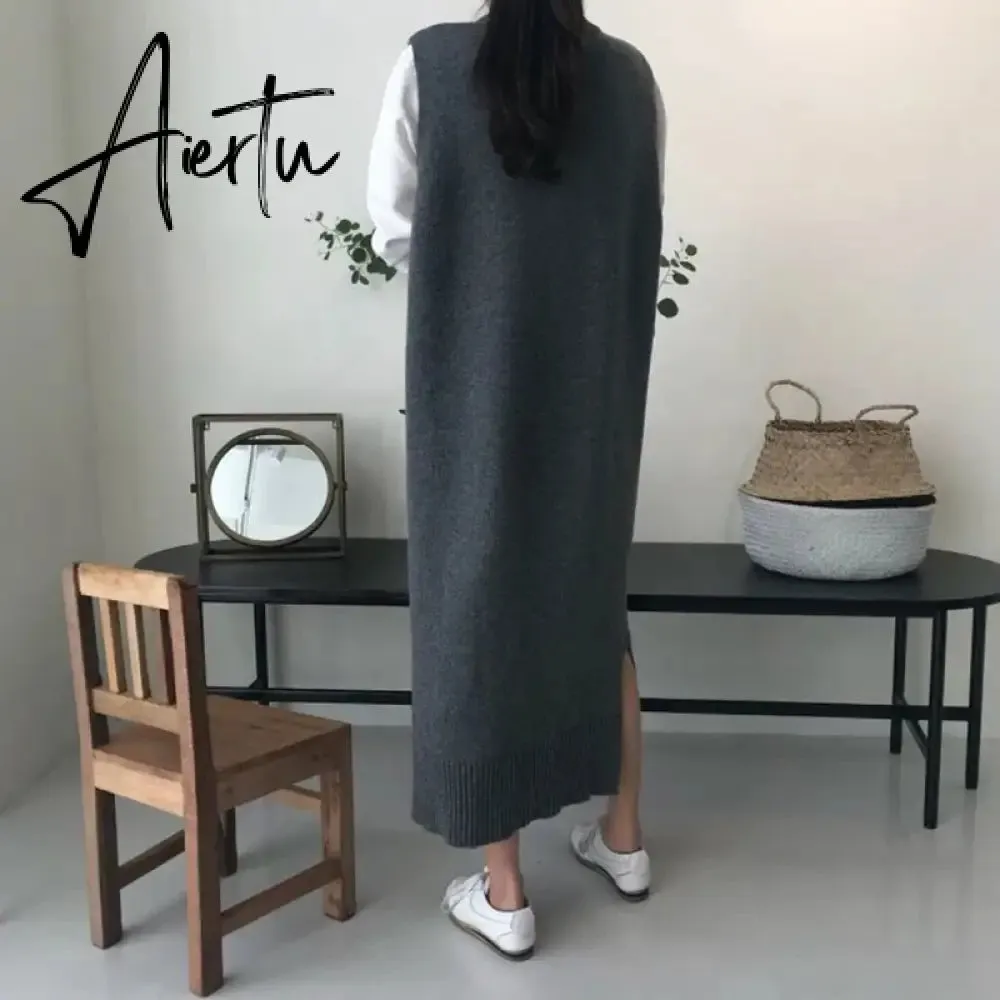 Long Knit Oversized Women Maxi Sweater Dress Warm Sweater Vest Loose Tunic Dress High Street Baggy Midi Pullover Dress