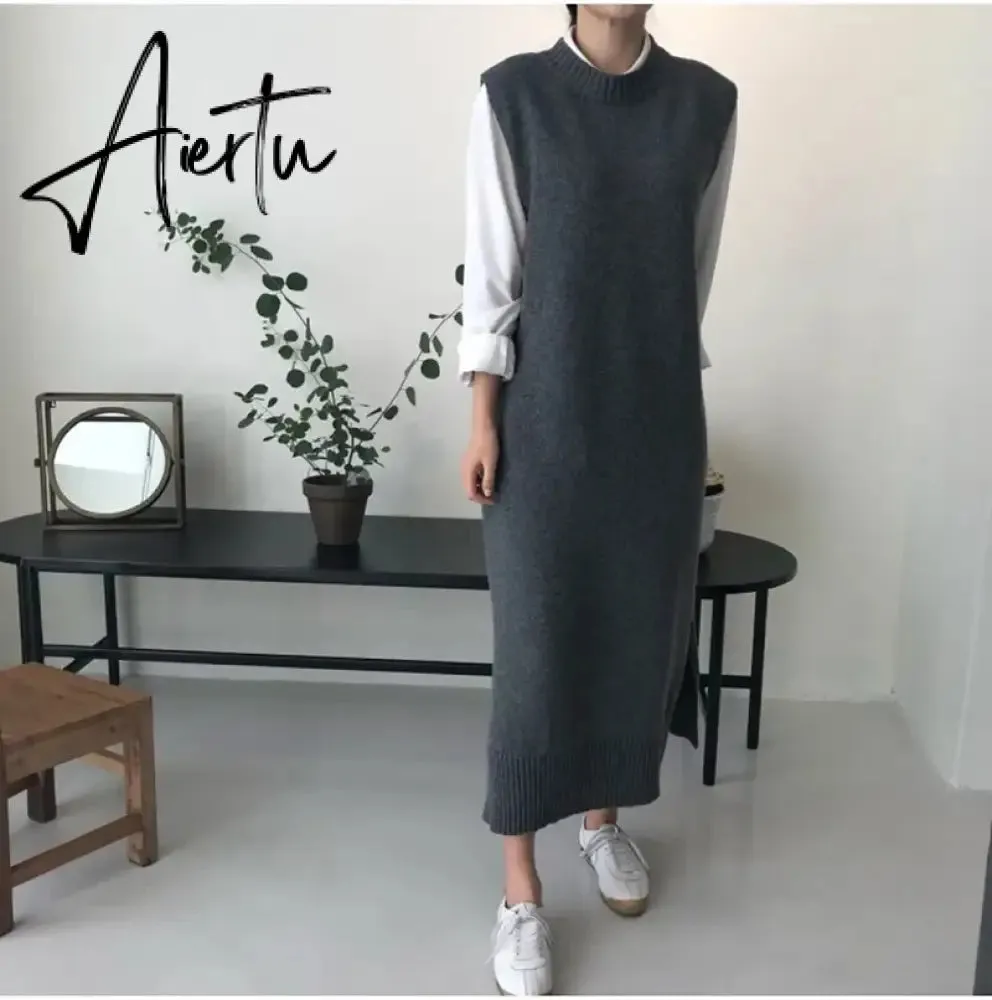 Long Knit Oversized Women Maxi Sweater Dress Warm Sweater Vest Loose Tunic Dress High Street Baggy Midi Pullover Dress
