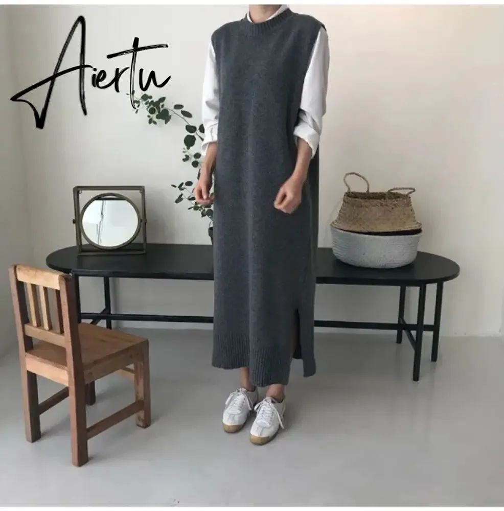 Long Knit Oversized Women Maxi Sweater Dress Warm Sweater Vest Loose Tunic Dress High Street Baggy Midi Pullover Dress