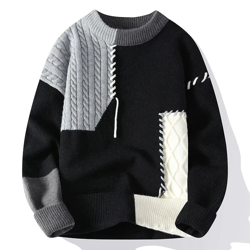Men's Warm Knitted Sweater - Autumn/Winter Patchwork O-Neck Pullover, Korean Streetwear Fashion, Casual Knitwear