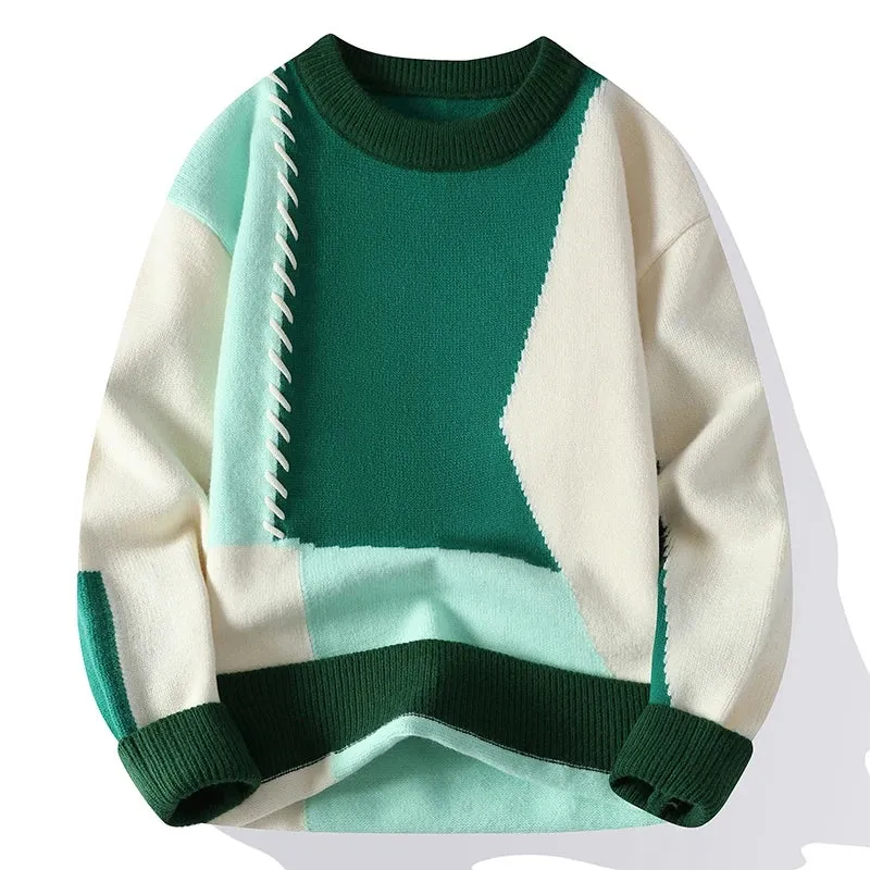 Men's Warm Knitted Sweater - Autumn/Winter Patchwork O-Neck Pullover, Korean Streetwear Fashion, Casual Knitwear