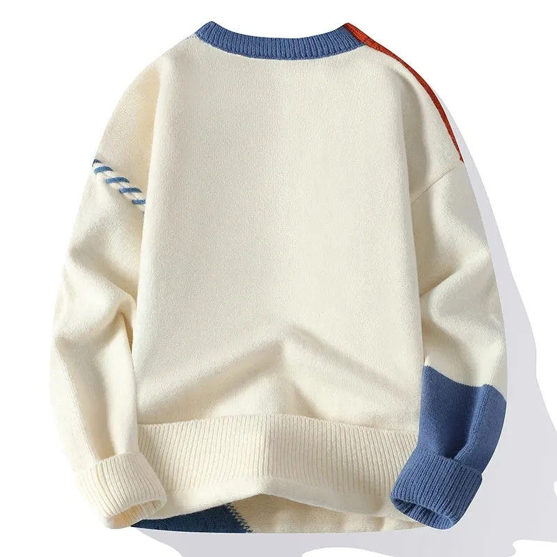 Men's Warm Knitted Sweater - Autumn/Winter Patchwork O-Neck Pullover, Korean Streetwear Fashion, Casual Knitwear