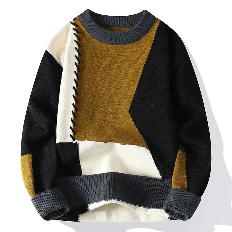 Men's Warm Knitted Sweater - Autumn/Winter Patchwork O-Neck Pullover, Korean Streetwear Fashion, Casual Knitwear