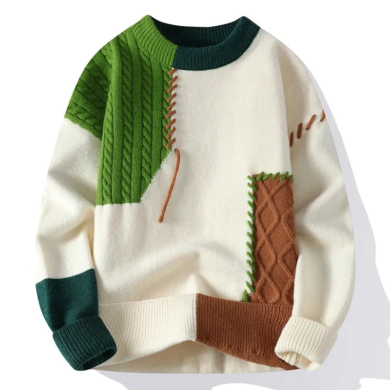 Men's Warm Knitted Sweater - Autumn/Winter Patchwork O-Neck Pullover, Korean Streetwear Fashion, Casual Knitwear