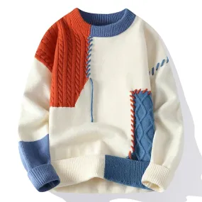 Men's Warm Knitted Sweater - Autumn/Winter Patchwork O-Neck Pullover, Korean Streetwear Fashion, Casual Knitwear