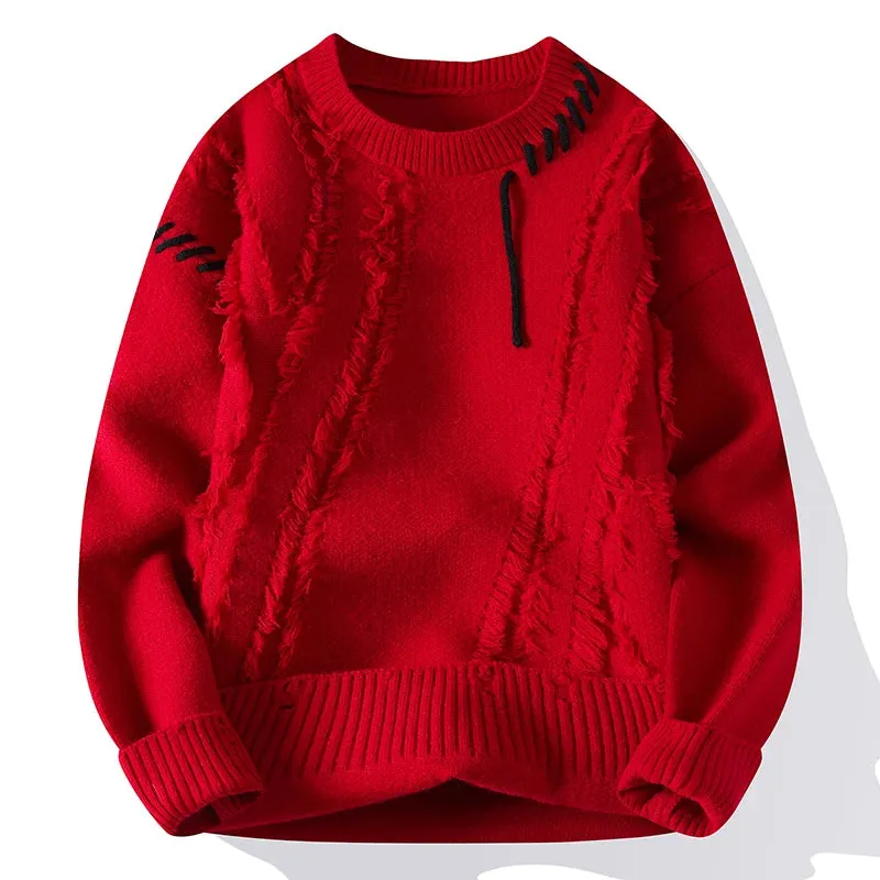 Men's Warm Knitted Sweater - Autumn/Winter Patchwork O-Neck Pullover, Korean Streetwear Fashion, Casual Knitwear