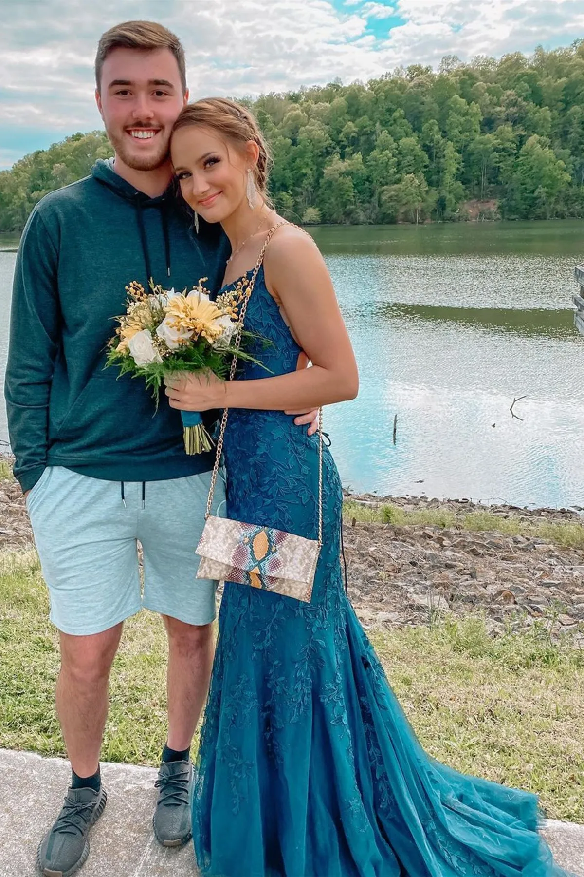 Mermaid Backless Teal Lace Long Prom Dress, Teal Lace Formal Dress, Mermaid Teal Evening Dress A1437